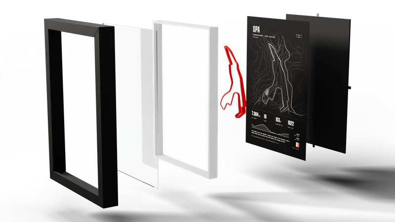 Exploded view of a Mauvi Studios frame: frame, glass, spacer, 3D-printed track, poster and backing