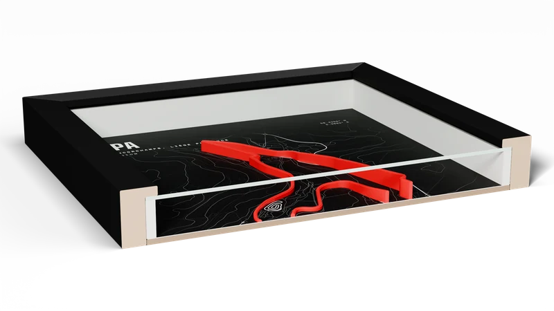A cutaway of the framed print, cut across the middle: the frame wall, glass, the air gap, the printed track standing on the print, and the backing board.