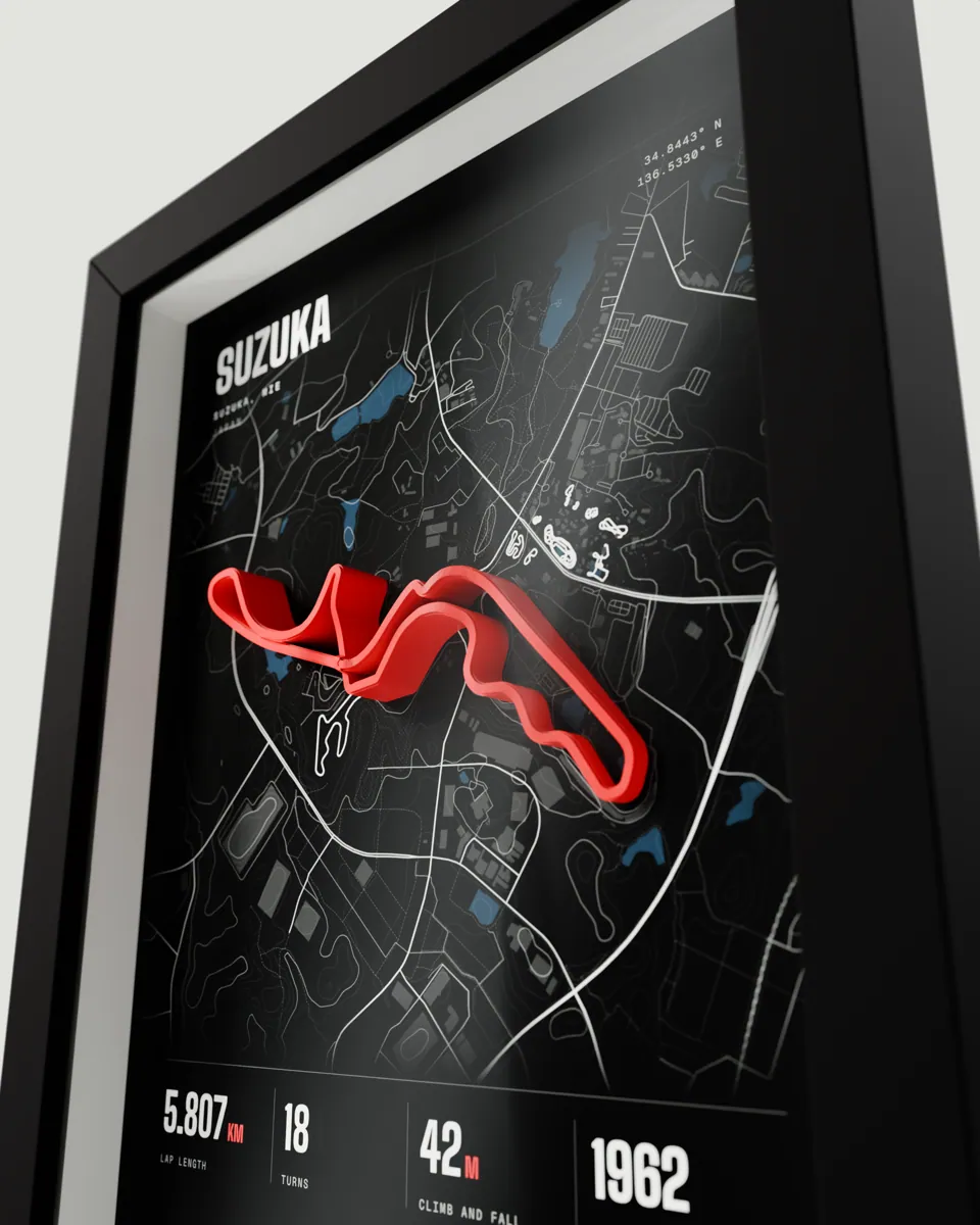 Suzuka frame in the Dark design, close-up of the raised track