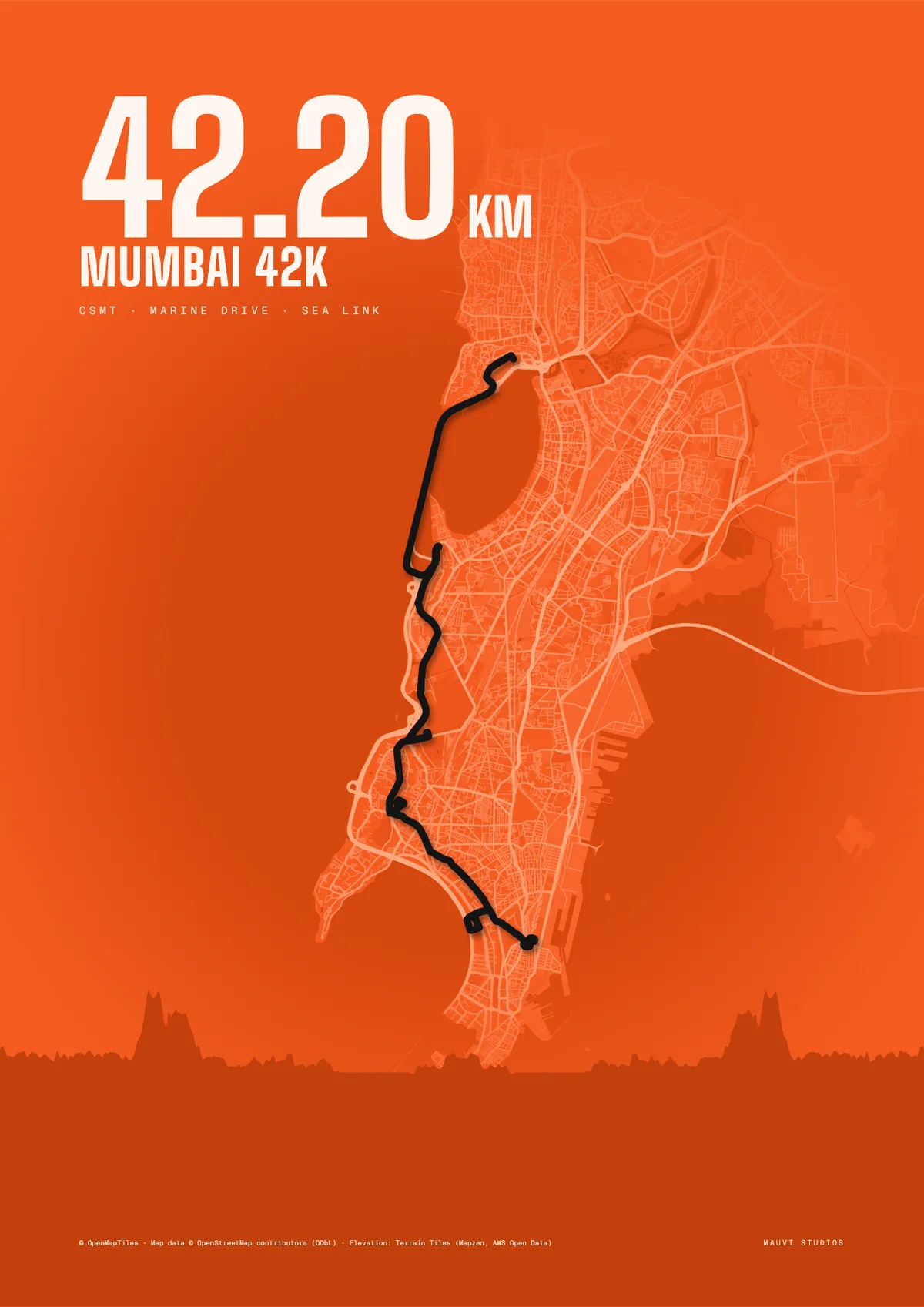 Approximate Mumbai Marathon course drawn on a map of Mumbai