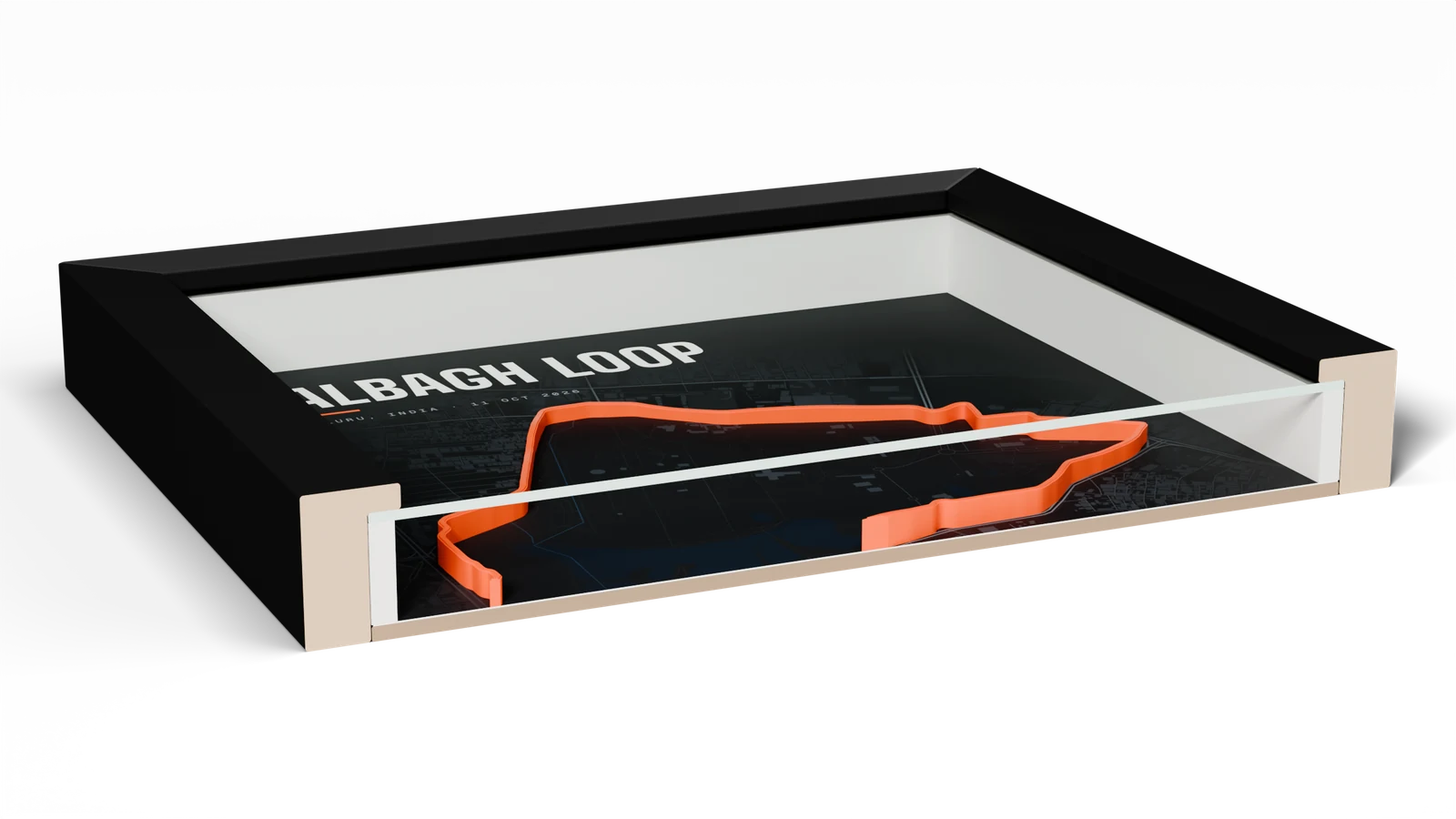 An A4 run frame cut open across the middle: the black frame wall, the glass, the air gap, the orange 3D-printed route standing on the printed map, and the backing board.
